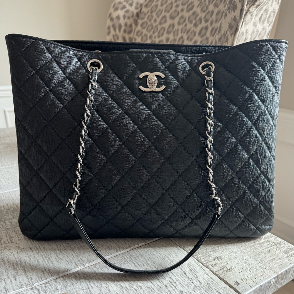 Sold on crosspost.    Chanel classic shopping tote. Black Caviar Leather